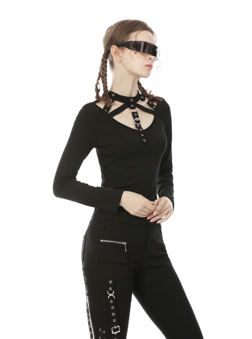 Front Chest Metal Eyelets Bandage Long Sleeve Black Punk Tight T-Shirt