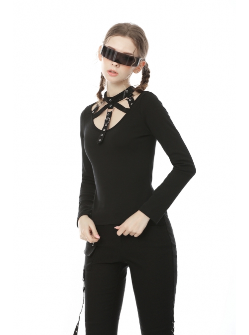 Front Chest Metal Eyelets Bandage Long Sleeve Black Punk Tight T-Shirt