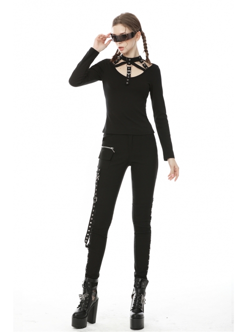 Front Chest Metal Eyelets Bandage Long Sleeve Black Punk Tight T-Shirt