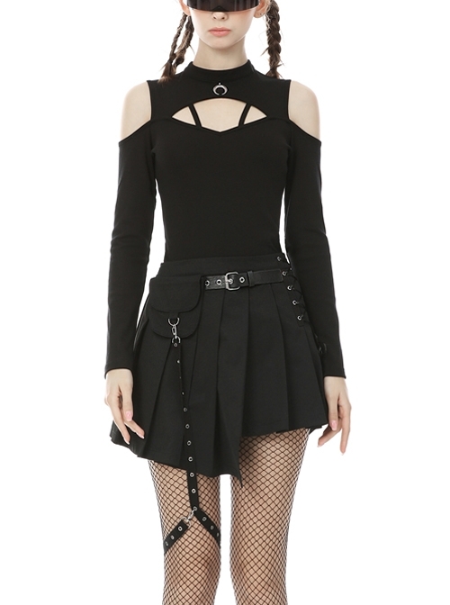 Off-Shoulder Front Chest Hollow-Out Bandage Metal Moon-Shaped Pendant Black Punk Tight T-Shirt