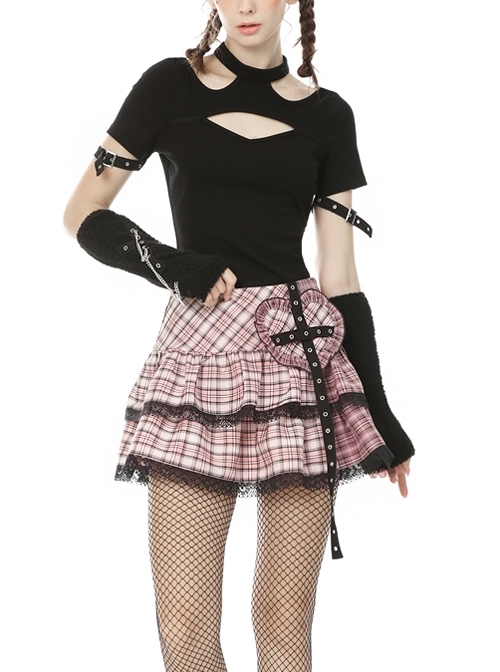 Shoulder Hollow-Out Short Sleeve Metal Buckle Strap Cuff Black Punk Tight T-Shirt