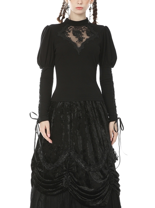 Front Chest Splice Decals Mesh Slit Lace-Up Long Sleeve Black Gothic T-Shirt