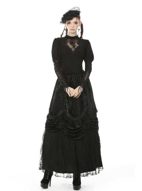 Front Chest Splice Decals Mesh Slit Lace-Up Long Sleeve Black Gothic T-Shirt