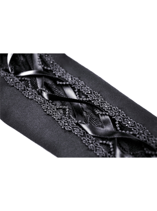 Front Chest Splice Decals Mesh Slit Lace-Up Long Sleeve Black Gothic T-Shirt