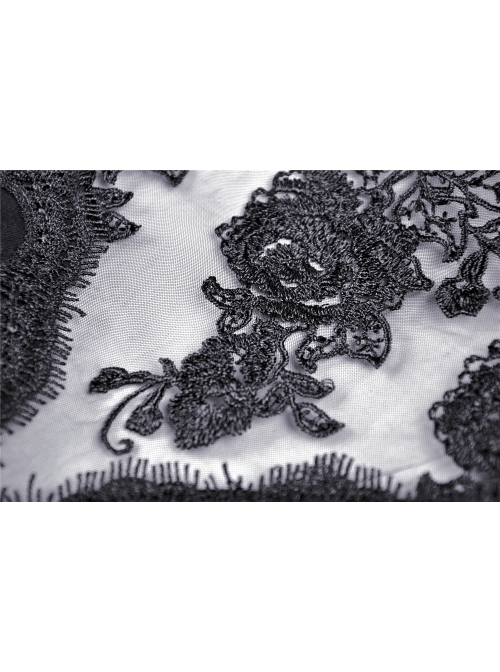 Front Chest Splice Decals Mesh Slit Lace-Up Long Sleeve Black Gothic T-Shirt