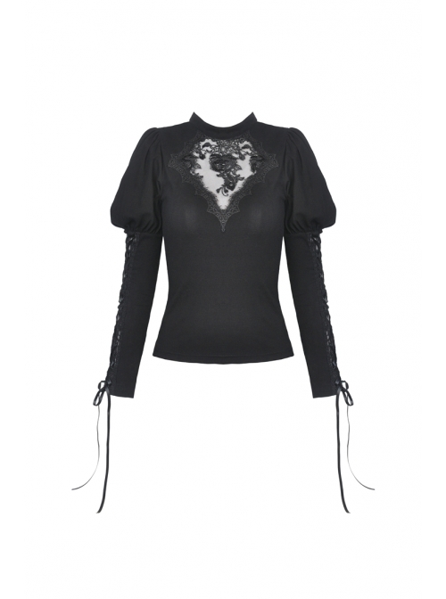 Front Chest Splice Decals Mesh Slit Lace-Up Long Sleeve Black Gothic T-Shirt