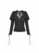 Front Chest Splice Decals Mesh Slit Lace-Up Long Sleeve Black Gothic T-Shirt