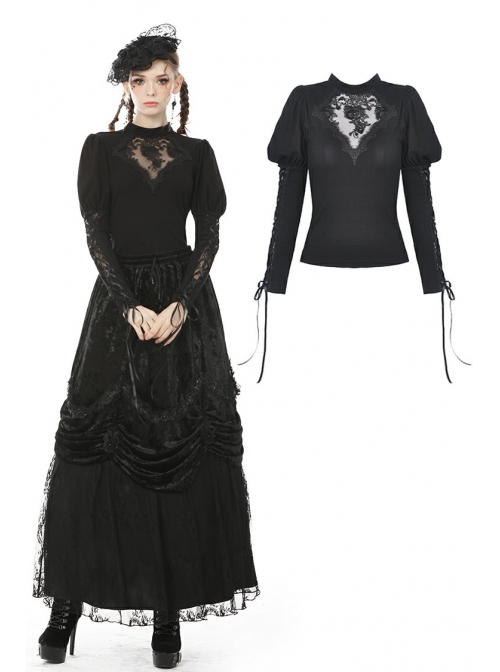Front Chest Splice Decals Mesh Slit Lace-Up Long Sleeve Black Gothic T-Shirt