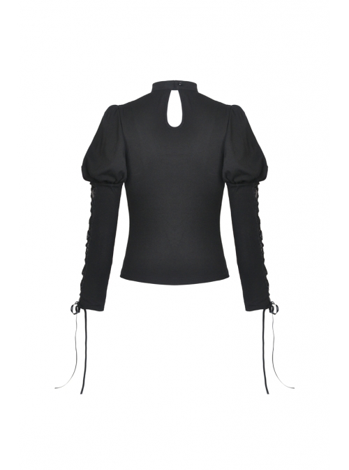 Front Chest Splice Decals Mesh Slit Lace-Up Long Sleeve Black Gothic T-Shirt