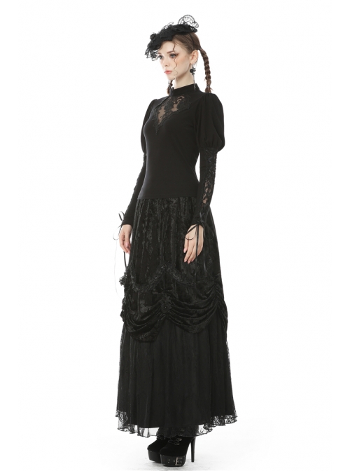 Front Chest Splice Decals Mesh Slit Lace-Up Long Sleeve Black Gothic T-Shirt
