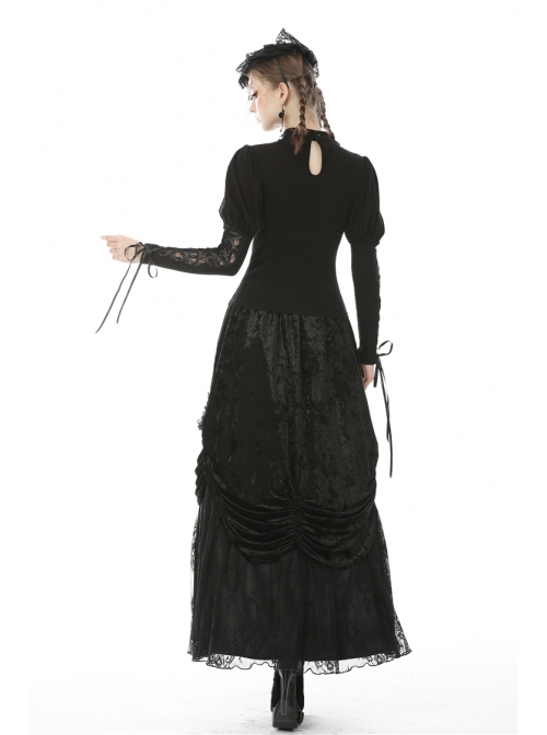 Front Chest Splice Decals Mesh Slit Lace-Up Long Sleeve Black Gothic T-Shirt