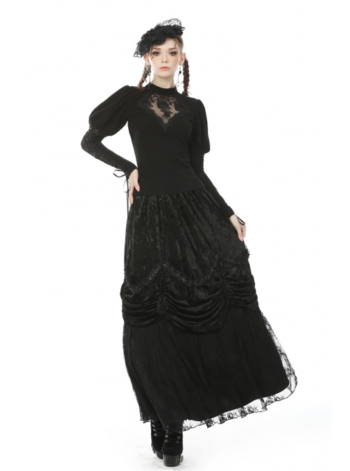 Front Chest Splice Decals Mesh Slit Lace-Up Long Sleeve Black Gothic T-Shirt