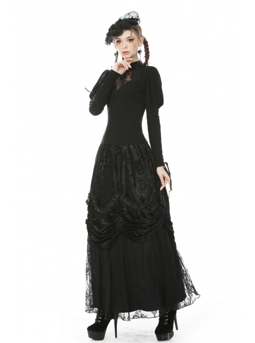 Front Chest Splice Decals Mesh Slit Lace-Up Long Sleeve Black Gothic T-Shirt