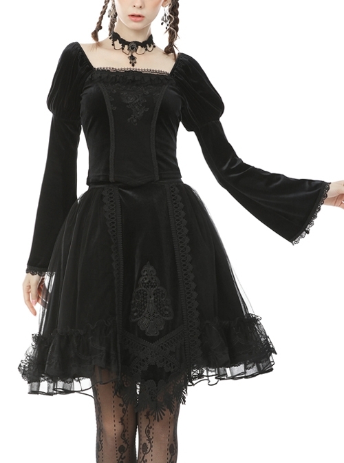 Square Collar Front Chest Decals Flare Sleeve Black Gothic Velvet Blouse
