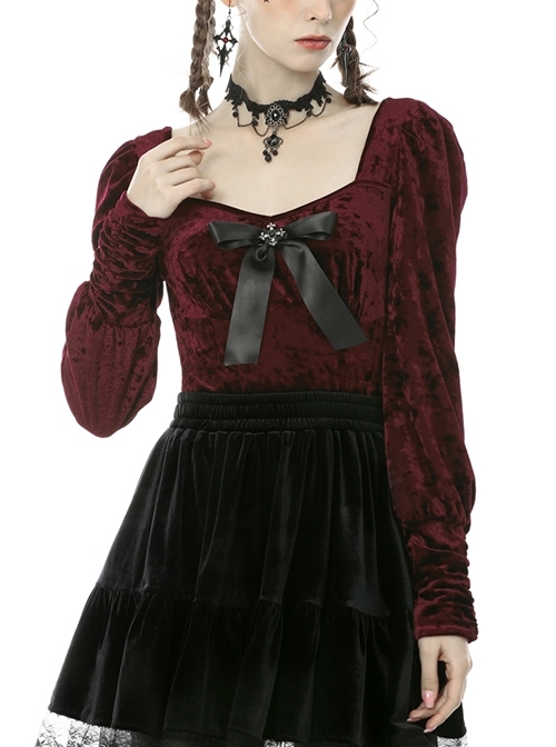 Square Collar Front Chest Bow Lantern Sleeve Wine Red Gothic Blouse