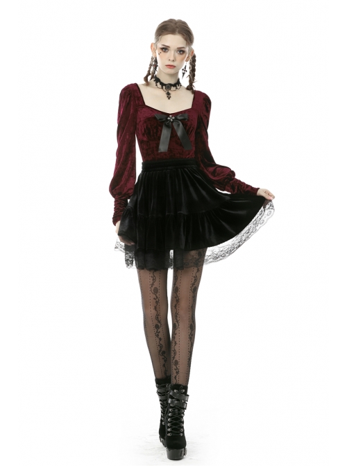 Square Collar Front Chest Bow Lantern Sleeve Wine Red Gothic Blouse