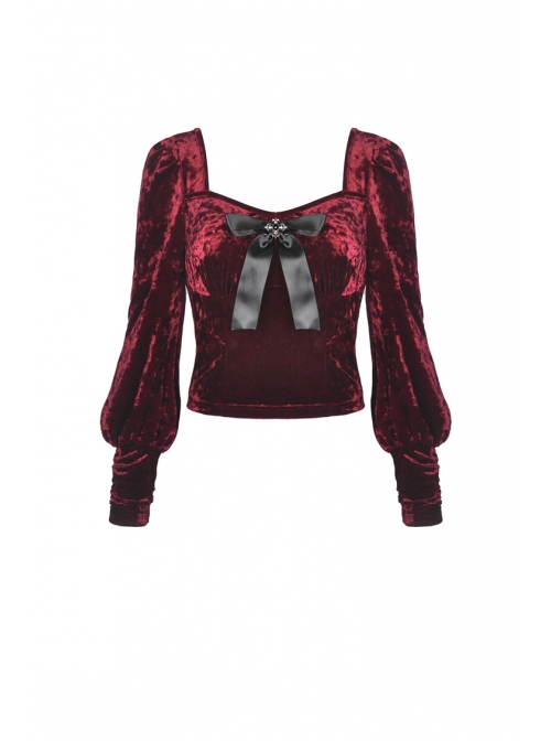 Square Collar Front Chest Bow Lantern Sleeve Wine Red Gothic Blouse