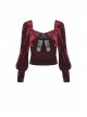 Square Collar Front Chest Bow Lantern Sleeve Wine Red Gothic Blouse