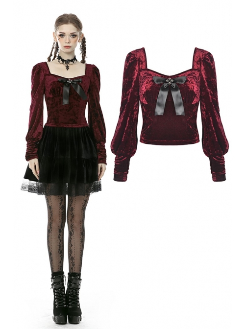Square Collar Front Chest Bow Lantern Sleeve Wine Red Gothic Blouse
