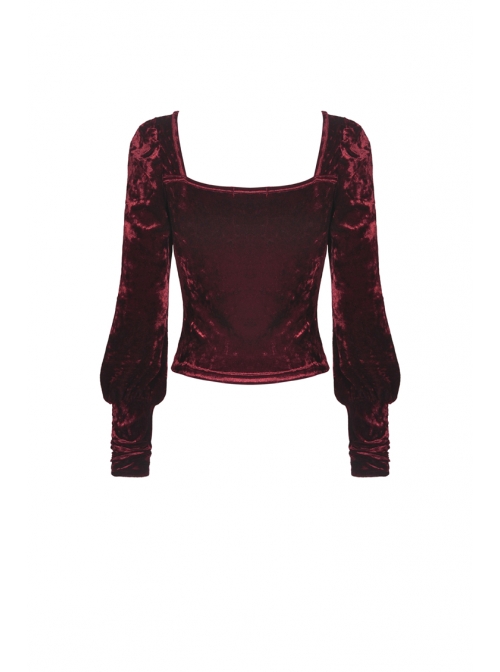 Square Collar Front Chest Bow Lantern Sleeve Wine Red Gothic Blouse