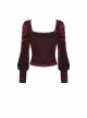 Square Collar Front Chest Bow Lantern Sleeve Wine Red Gothic Blouse