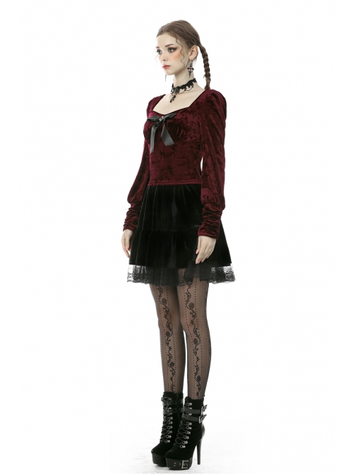 Square Collar Front Chest Bow Lantern Sleeve Wine Red Gothic Blouse