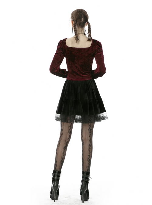 Square Collar Front Chest Bow Lantern Sleeve Wine Red Gothic Blouse