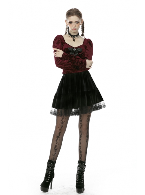 Square Collar Front Chest Bow Lantern Sleeve Wine Red Gothic Blouse