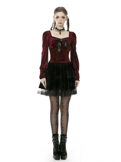 Square Collar Front Chest Bow Lantern Sleeve Wine Red Gothic Blouse