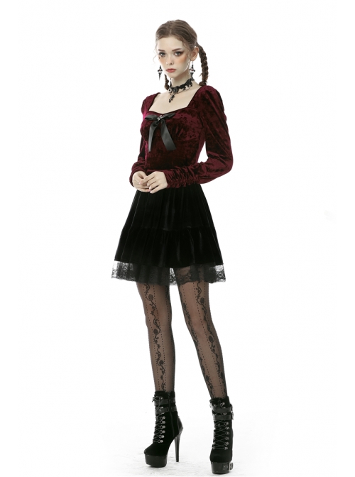 Square Collar Front Chest Bow Lantern Sleeve Wine Red Gothic Blouse