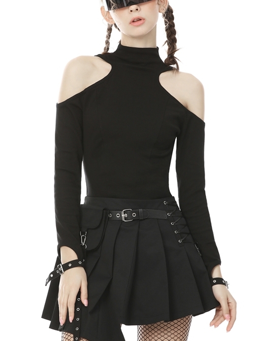 Off-Shoulder Back Zipper Long Sleeve Metal Eyelets Strap Black Punk Tight T-Shirt