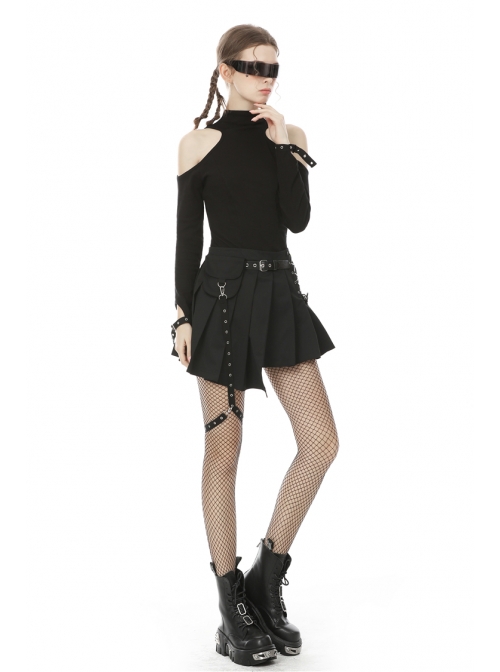 Off-Shoulder Back Zipper Long Sleeve Metal Eyelets Strap Black Punk Tight T-Shirt
