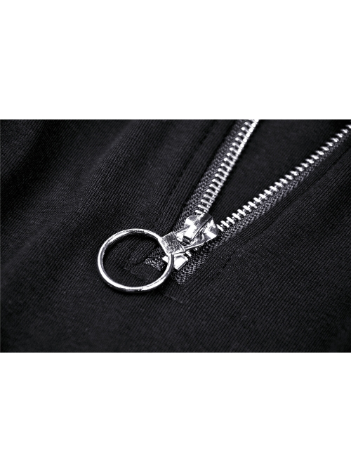 Off-Shoulder Back Zipper Long Sleeve Metal Eyelets Strap Black Punk Tight T-Shirt