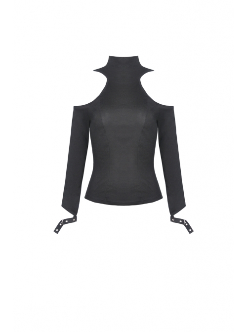 Off-Shoulder Back Zipper Long Sleeve Metal Eyelets Strap Black Punk Tight T-Shirt