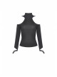 Off-Shoulder Back Zipper Long Sleeve Metal Eyelets Strap Black Punk Tight T-Shirt