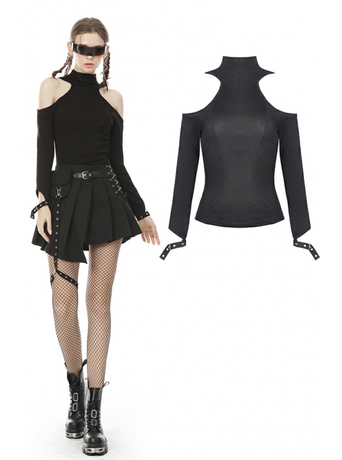 Off-Shoulder Back Zipper Long Sleeve Metal Eyelets Strap Black Punk Tight T-Shirt