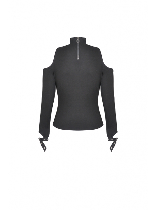 Off-Shoulder Back Zipper Long Sleeve Metal Eyelets Strap Black Punk Tight T-Shirt