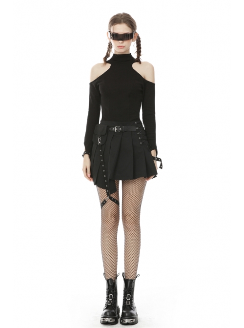 Off-Shoulder Back Zipper Long Sleeve Metal Eyelets Strap Black Punk Tight T-Shirt