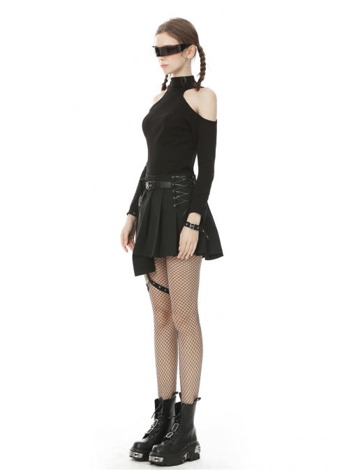Off-Shoulder Back Zipper Long Sleeve Metal Eyelets Strap Black Punk Tight T-Shirt