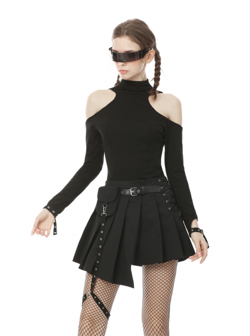 Off-Shoulder Back Zipper Long Sleeve Metal Eyelets Strap Black Punk Tight T-Shirt