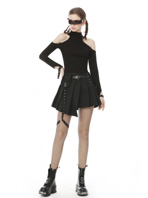 Off-Shoulder Back Zipper Long Sleeve Metal Eyelets Strap Black Punk Tight T-Shirt