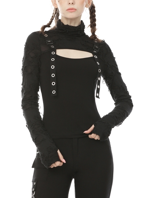 High Collar Front Chest Hollow-Out Metal Eyelets Strap Black Punk Broken Holes Knit T-Shirt