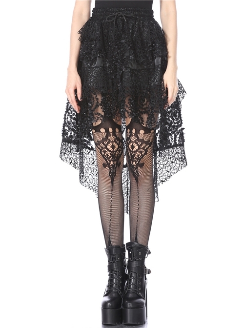 Black Punk Lace-Up Messy Lace Mesh Short Skirt