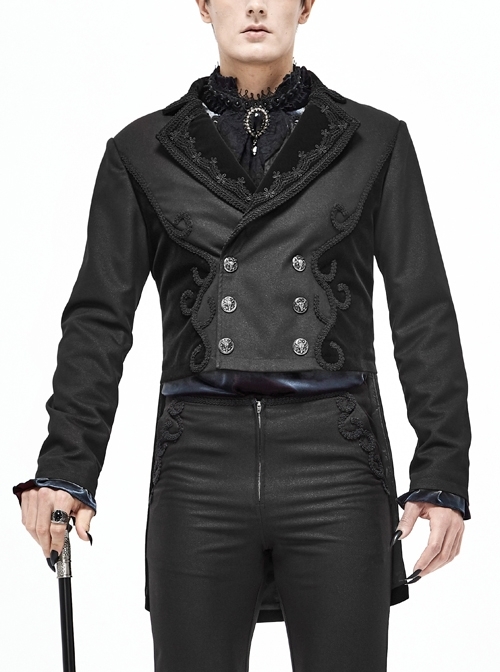 Front Floral Webbing Metal Retro Button Black Gothic Weft Velveteen Tailcoat