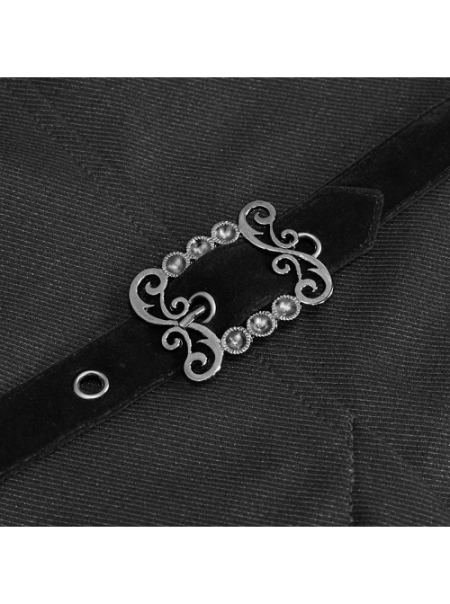 Front Floral Webbing Metal Retro Button Black Gothic Weft Velveteen Tailcoat