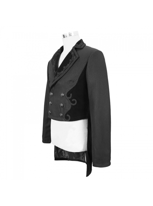 Front Floral Webbing Metal Retro Button Black Gothic Weft Velveteen Tailcoat