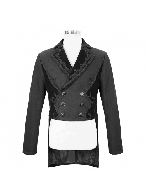 Front Floral Webbing Metal Retro Button Black Gothic Weft Velveteen Tailcoat