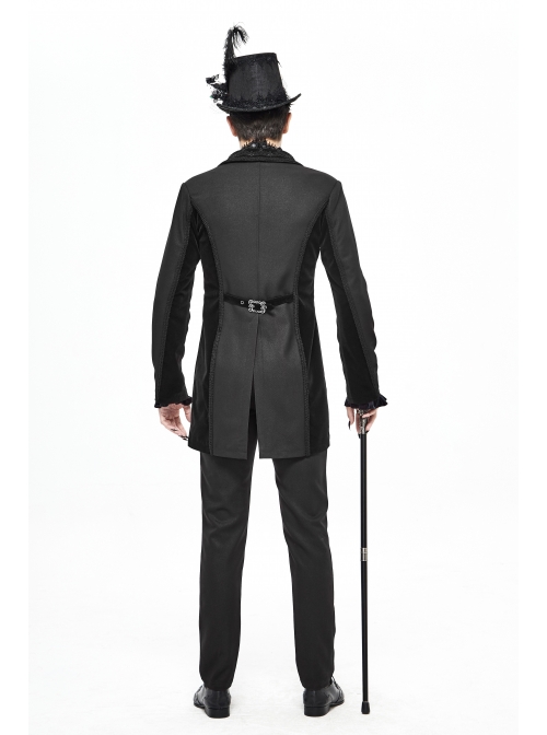 Front Floral Webbing Metal Retro Button Black Gothic Weft Velveteen Tailcoat