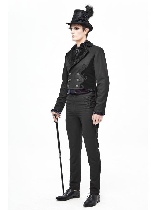 Front Floral Webbing Metal Retro Button Black Gothic Weft Velveteen Tailcoat