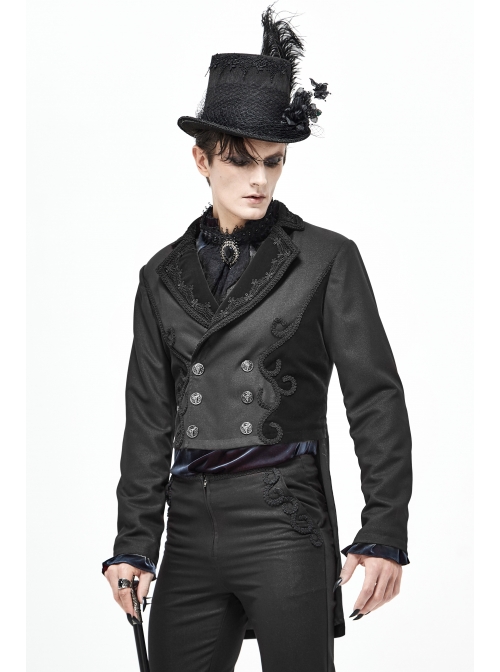 Front Floral Webbing Metal Retro Button Black Gothic Weft Velveteen Tailcoat